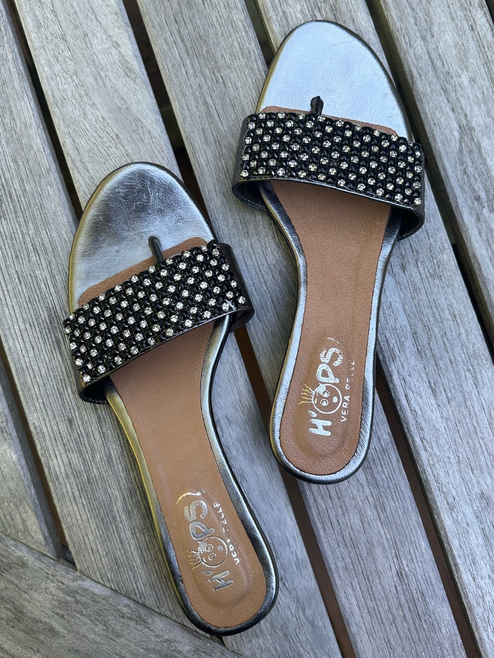Vera Pelle Hops Metallic Silver Black Crystal Slide Sandals